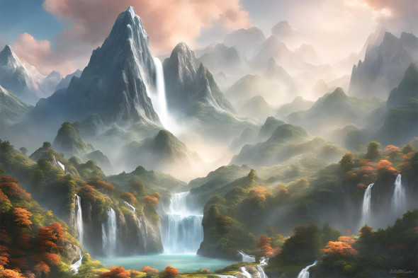 Infinite Series Of Heights "The Water Flowing From The Mountain Range Takes The Form Of A River (PRT-16969-112325) - Canvas Art Print - 30in X 20in