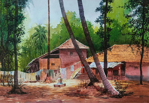 Indian Village (ART-8116-112257) - Handpainted Art Painting - 19in X 13in