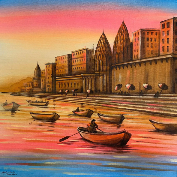 Banaras Ghat (ART-3512-112345) - Handpainted Art Painting - 20in X 20in