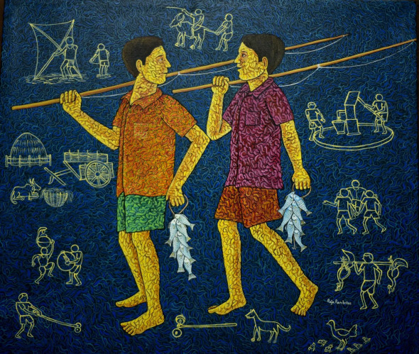 Fruitful Fishing (ART-17098-112369) - Handpainted Art Painting - 28in X 32in