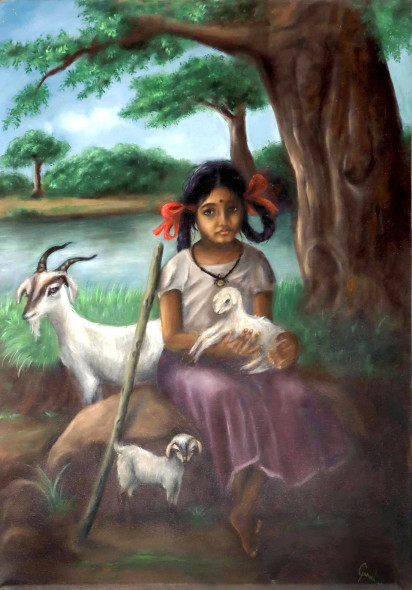 Girl With Three White Goats (ART-6373-112350) - Handpainted Art Painting - 31in X 46in