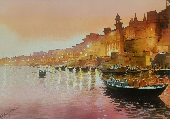 Varanasi - Ghat (ART-8116-112394) - Handpainted Art Painting - 15in X 11in