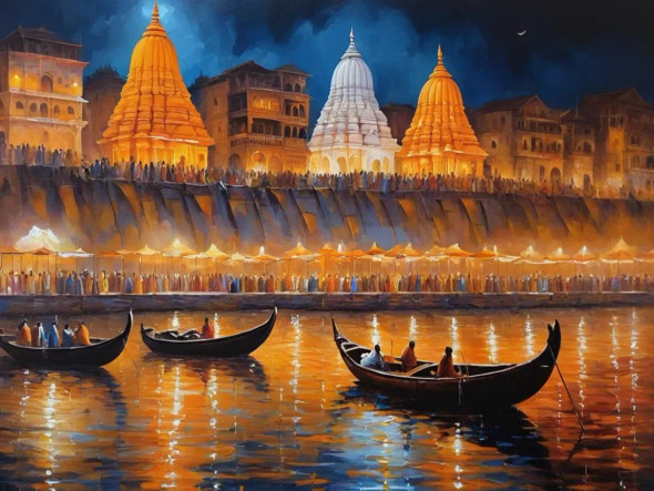 Banaras Ghat Painting (ART-3319-112387) - Handpainted Art Painting - 40in X 30in