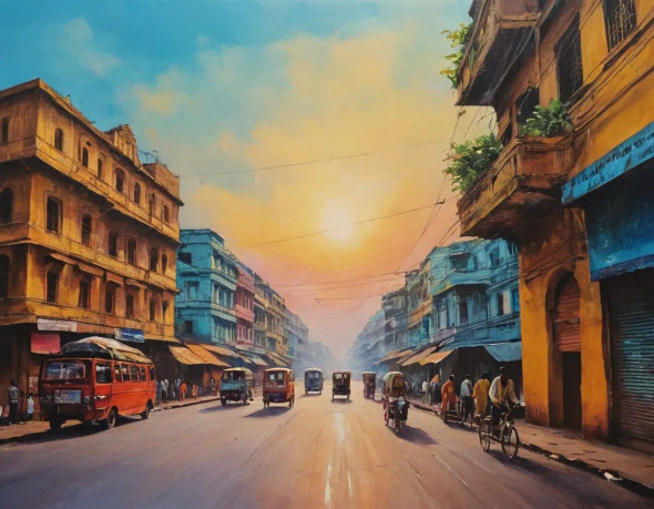 Street Landscape Painting (ART-3319-112390) - Handpainted Art Painting - 36in X 24in