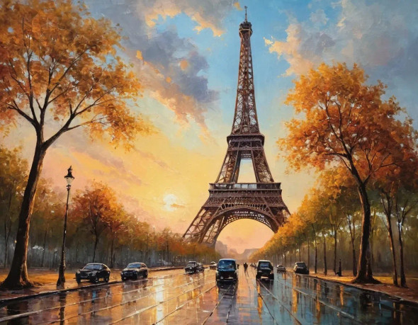 Eiffel Tower View- Street Landscape Paintings (ART-3319-112396) - Handpainted Art Painting - 36in X 30in