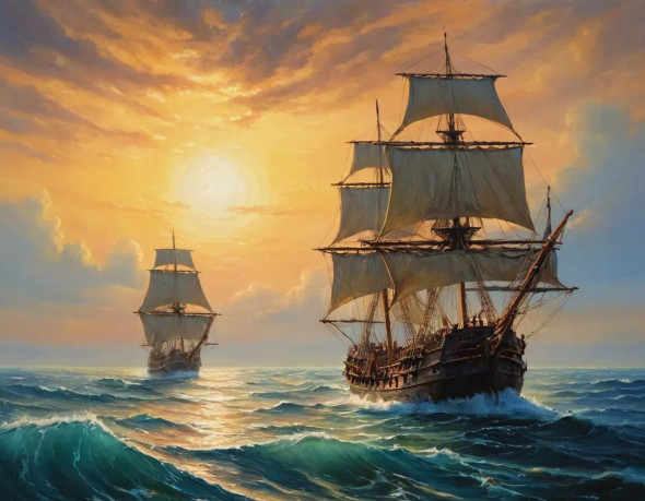 Seascape Ships In A Sea Sunrise Ocean Landscape Painting (ART-3319-112281) - Handpainted Art Painting - 48in X 30in