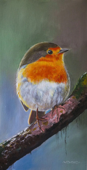"Vibrant Perch: A Robin’s Gaze" (ART-15772-112403) - Handpainted Art Painting - 12in X 24in