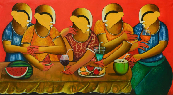 A Table Of Stories (ART-6351-112433) - Handpainted Art Painting - 54in X 30in