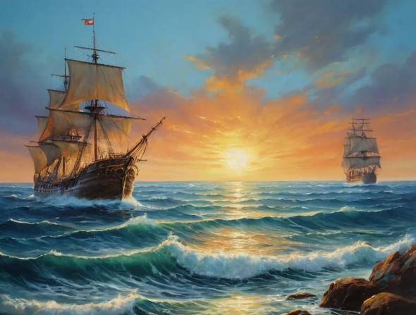 Nature's Heaven Ships In A Ocean Landscape Painting (ART-3319-112287) - Handpainted Art Painting - 48in X 36in