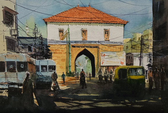 Heritage Gateway – Champaner Gate (ART-8116-112458) - Handpainted Art Painting - 15in X 11in