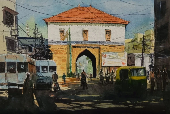 Heritage Gateway – Champaner Gate (ART-8116-112458) - Handpainted Art Painting - 15in X 11in