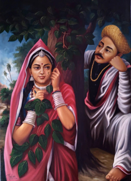 Maratha Couple (ART-1090-112453) - Handpainted Art Painting - 24in X 36in