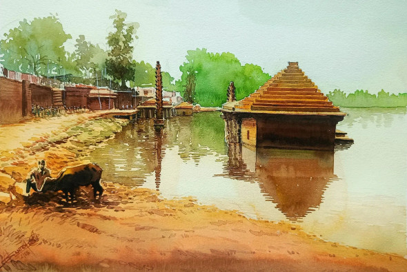 Serene Reflections At Panch Ganga Ghat, Kolhapur (ART-8116-112457) - Handpainted Art Painting - 15in X 11in