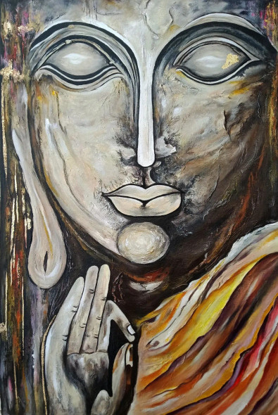 Serene Buddha Acrylic Painting With Gold Leaf Accents (ART-8034-112518) - Handpainted Art Painting - 16in X 24in
