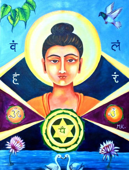 Budhha With Beej Mantras (ART-17129-112527) - Handpainted Art Painting - 18in X 24in