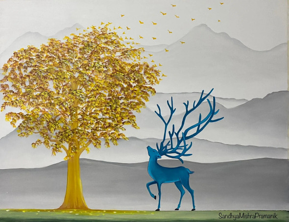 The Dearest Deer Kasturi (ART-8370-112686) - Handpainted Art Painting - 30in X 24in