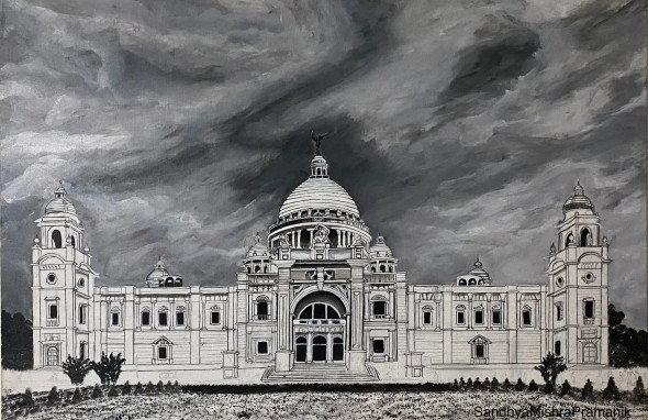 The Victoria Memorial Before Independence (ART-8370-112687) - Handpainted Art Painting - 36in X 24in