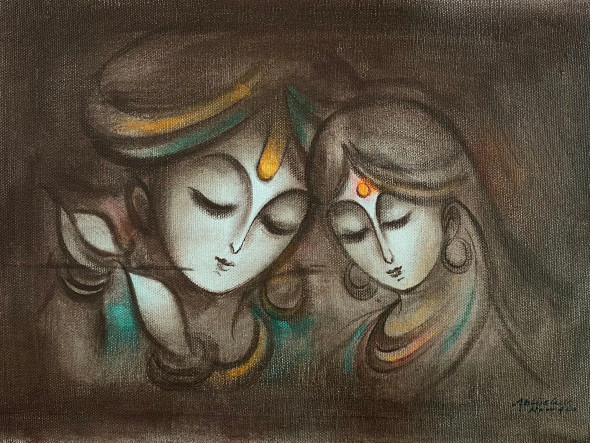 Radhakrishna (ART-3512-112763) - Handpainted Art Painting - 12in X 10in