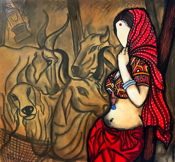 Godhooli (ART-7129-112936) - Handpainted Art Painting - 35in X 32in