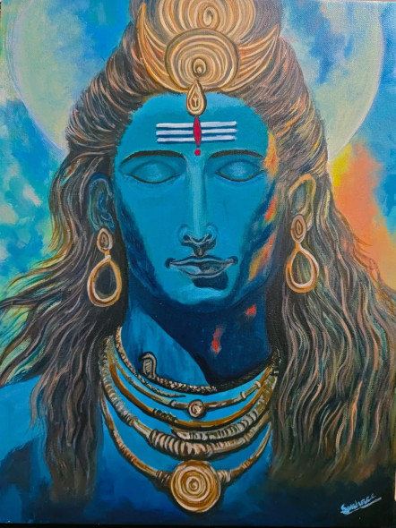 Sadashiva - The Eternal Shiva (ART-16551-113063) - Handpainted Art Painting - 16in X 20in