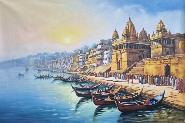 Banaras Ghat Painting (ART-3319-113084) - Handpainted Art Painting - 48in X 30in