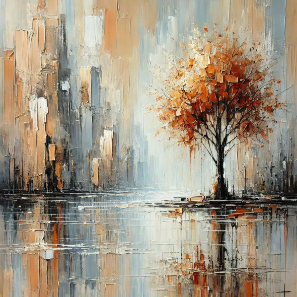 Ethereal Reflection: The Urban Tree (PRT-16747-113126) - Canvas Art Print - 24in X 24in