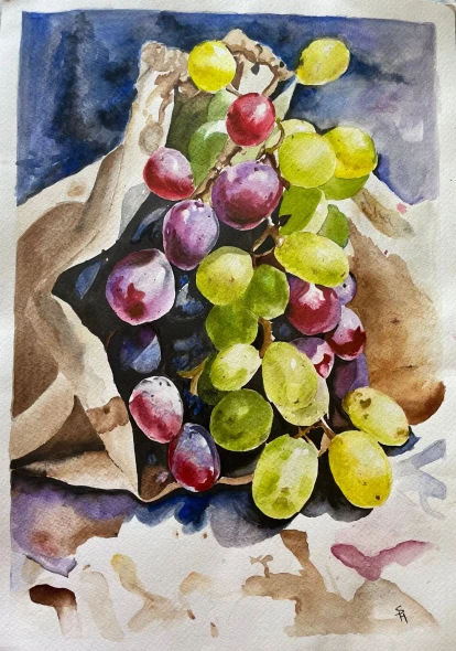 Grapes In Burlap Bags (ART-16714-113122) - Handpainted Art Painting - 11in X 16in