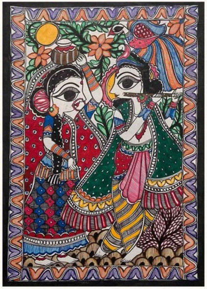 Radhe Krishna Madhubani Painting (ART-17182-113097) - Handpainted Art Painting - 22in X 15in