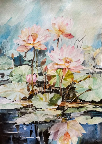 Radiant Lotus Reflections (ART-16714-113121) - Handpainted Art Painting - 11in X 16in