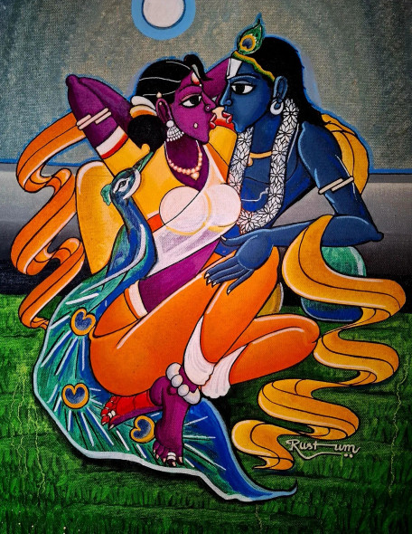Raadha Krishna 1 (ART-3056-113132) - Handpainted Art Painting - 15in X 22in