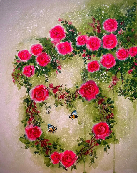 Whispers Of Pink: A Garden Serenade (ART-7381-113139) - Handpainted Art Painting - 16in X 20in