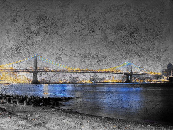 landscape painting, black, dark shade painting, the bridge, texture painting, bridge at night, city at night