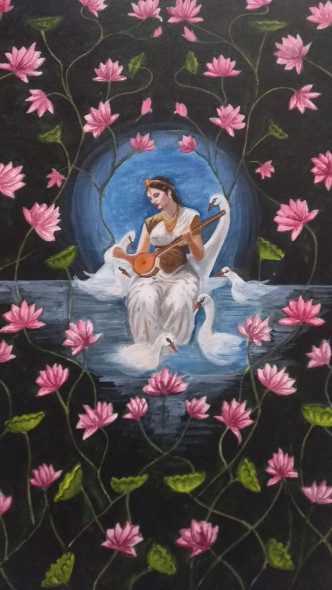 Pichwai Form Goddess Saraswati (ART-1372-113188) - Handpainted Art Painting - 16in X 24in