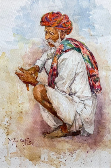 Old Man With Safa (ART-15644-113193) - Handpainted Art Painting - 12in X 16in