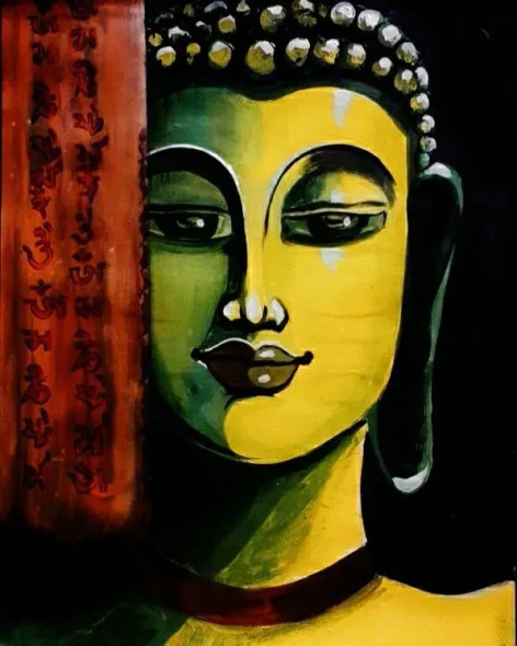 Serenity In Shadows - Buddha’s Wisdom (ART-17197-113179) - Handpainted Art Painting - 10in X 14in