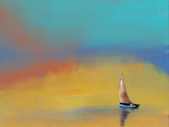 landscape, seascape, blue painting, boat, colorful texture painting, sailor's boat