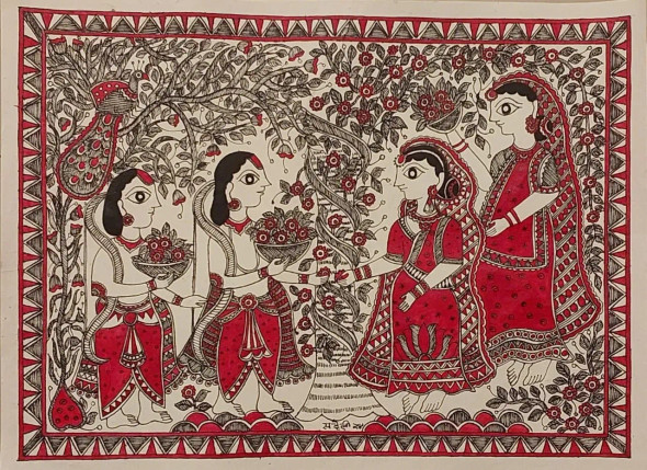 Madhubani (ART-16116-113451) - Handpainted Art Painting - 15in X 11in
