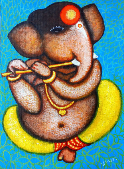 Ganesha With Flute (ART-16119-113486) - Handpainted Art Painting - 11in X 15in