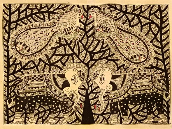 Madhubani (ART-16116-113396) - Handpainted Art Painting - 15in X 11in