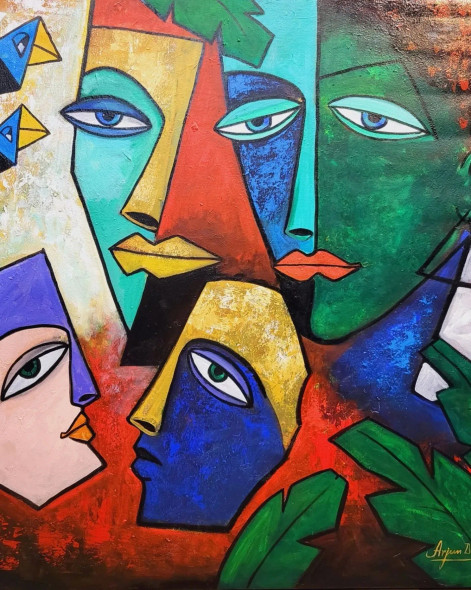 THE INTERACTION (ART-82-113425) - Handpainted Art Painting - 36in X 42in