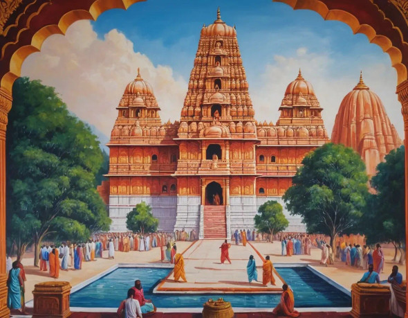 Ram Mandir Painting (ART-3319-113384) - Handpainted Art Painting - 36in X 24in