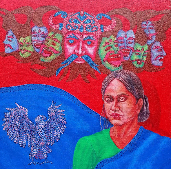 BEFORE THE ABDUCTION OF SITA (ART-17016-113408) - Handpainted Art Painting - 18in X 18in