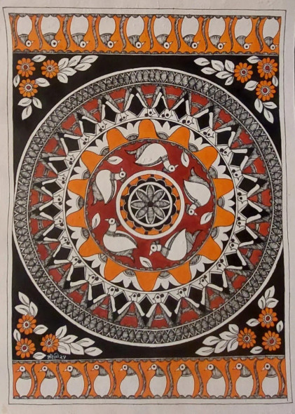 Madhubani (ART-16116-113393) - Handpainted Art Painting - 11in X 15in