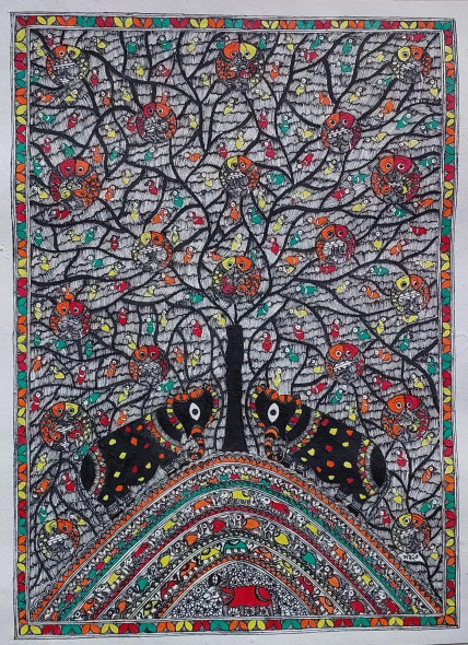 Madhubani (ART-16116-113395) - Handpainted Art Painting - 11in X 15in