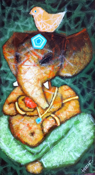 Ganesha (ART-16119-113482) - Handpainted Art Painting - 8in X 15in