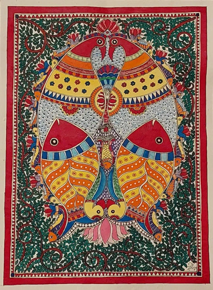 Madhubani (ART-16116-113391) - Handpainted Art Painting - 11in X 15in