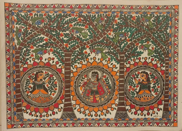 Madhubani (ART-16116-113392) - Handpainted Art Painting - 15in X 11in