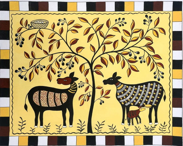Mother And Child II Tribal Folk Art (ART-16885-113405) - Handpainted Art Painting - 20in X 16in