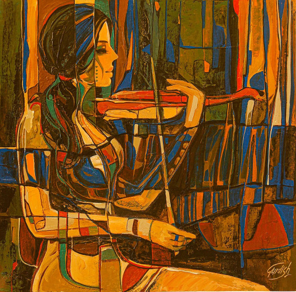 Girl Playing Violin-music Painting (ART-2571-113491) - Handpainted Art Painting - 18in X 18in