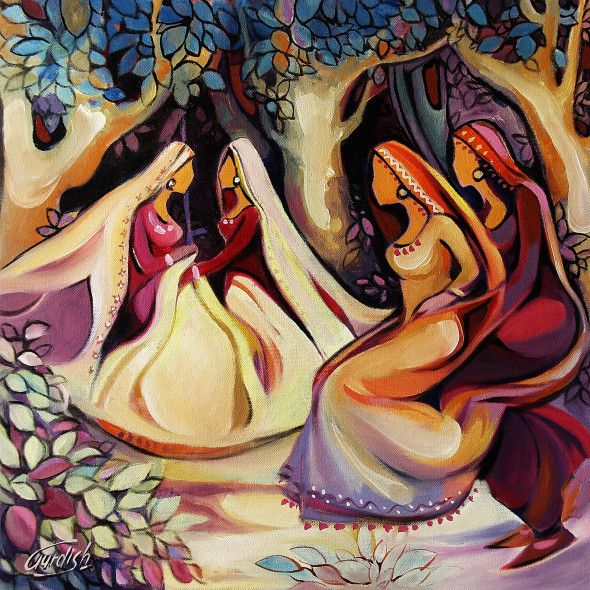 Punjabi Painting Giddha Trinjana (ART-2571-113504) - Handpainted Art Painting - 18in X 18in